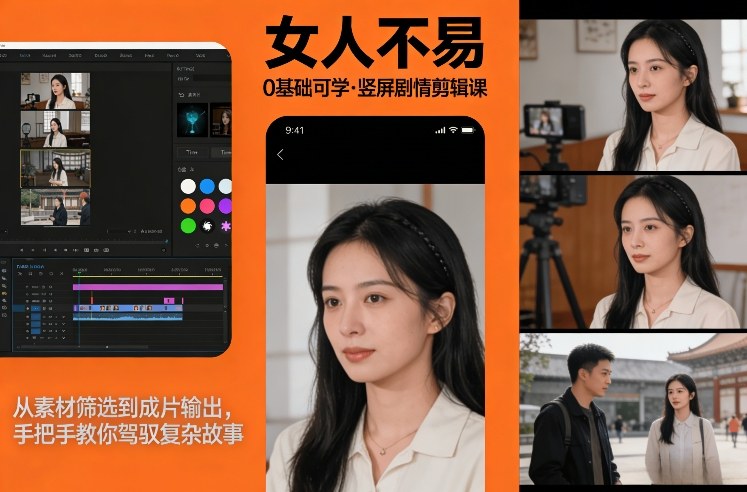 0基础可学!《女人不易》竖屏剧情剪辑课,从素材筛选到成片输出,手把手教你驾驭复杂故事|网创挖金社