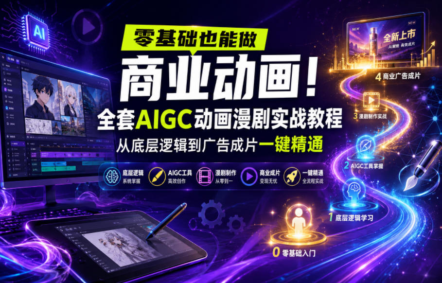 零基础也能做商业动画！全套AIGC动画漫剧实战教程，从底层逻辑到广告成片一键精通|网创挖金社