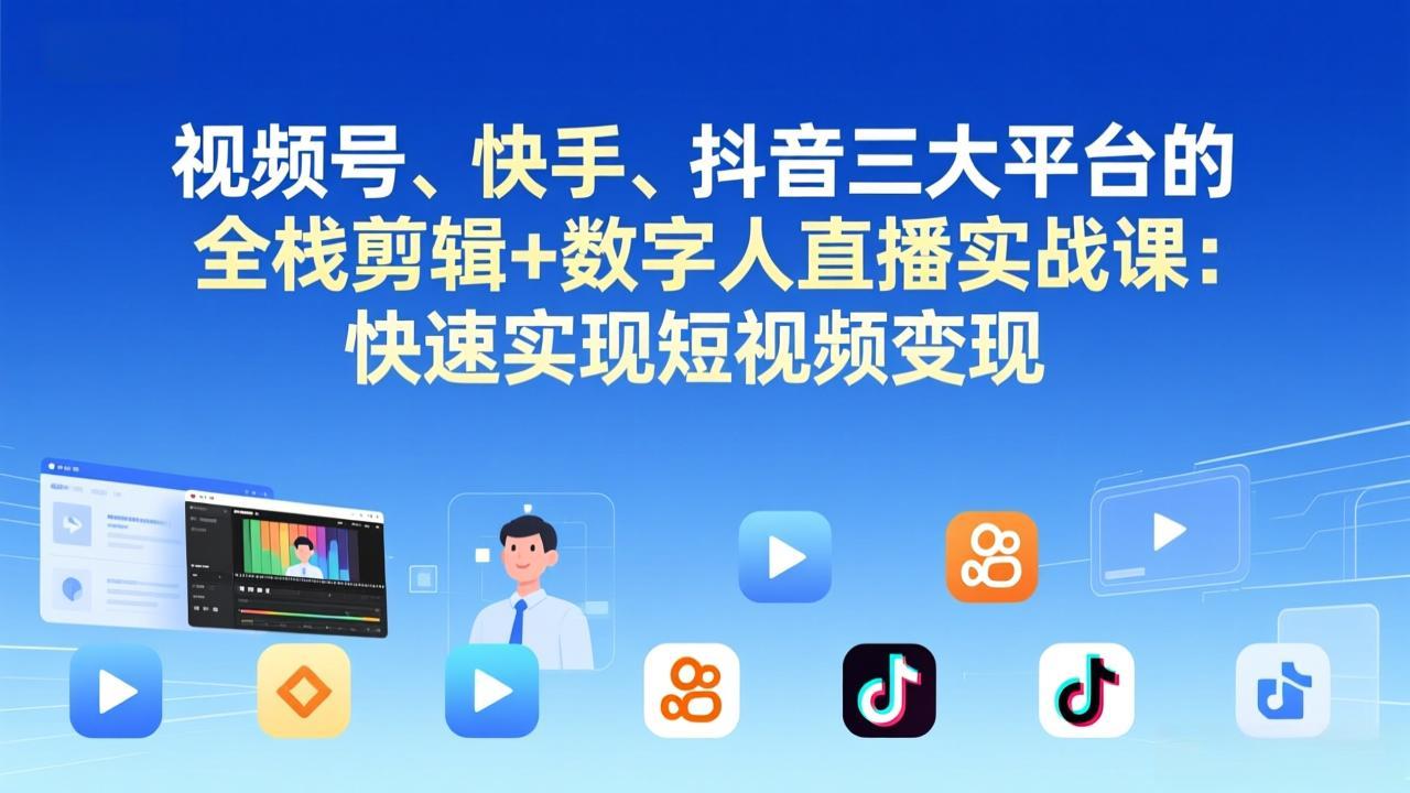 视频号+快手+抖音三大平台的全栈剪辑+数字人直播实战课-3月更新：快速实现短视频变现|网创挖金社