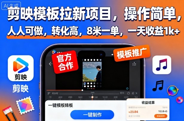 剪映模板拉新项目，操作简单，人人可做，转化高，8米一单，一天收益1k+|网创挖金社