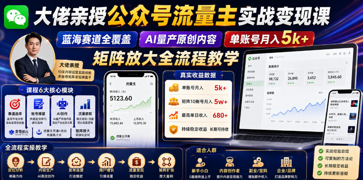 大佬亲授公众号流量主实战变现课，蓝海赛道全覆盖，AI量产原创内容，单账号月入5k+矩阵放大全流程教学|网创挖金社