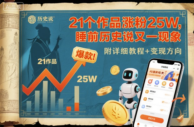 21个作品涨粉25W，睡前历史说又一现象级AI内容大爆款来啦，附详细教程+变现方向|网创挖金社