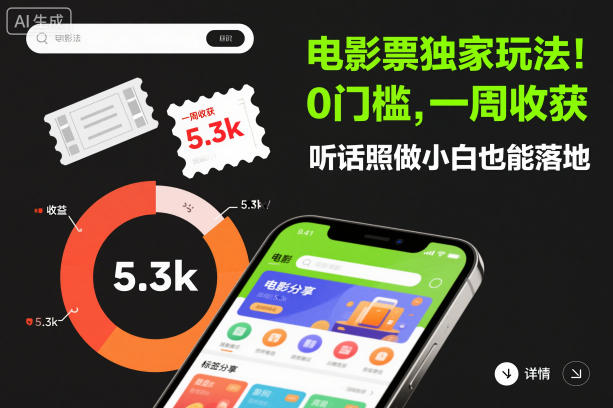 电影票独家玩法！0门槛，一周收获5.3k，听话照做小白也能落地【揭秘】|网创挖金社