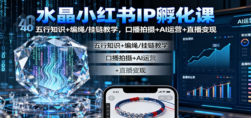 水晶小红书IP孵化课：五行知识+编绳/挂链教学，口播拍摄+AI运营+直播变现|网创挖金社