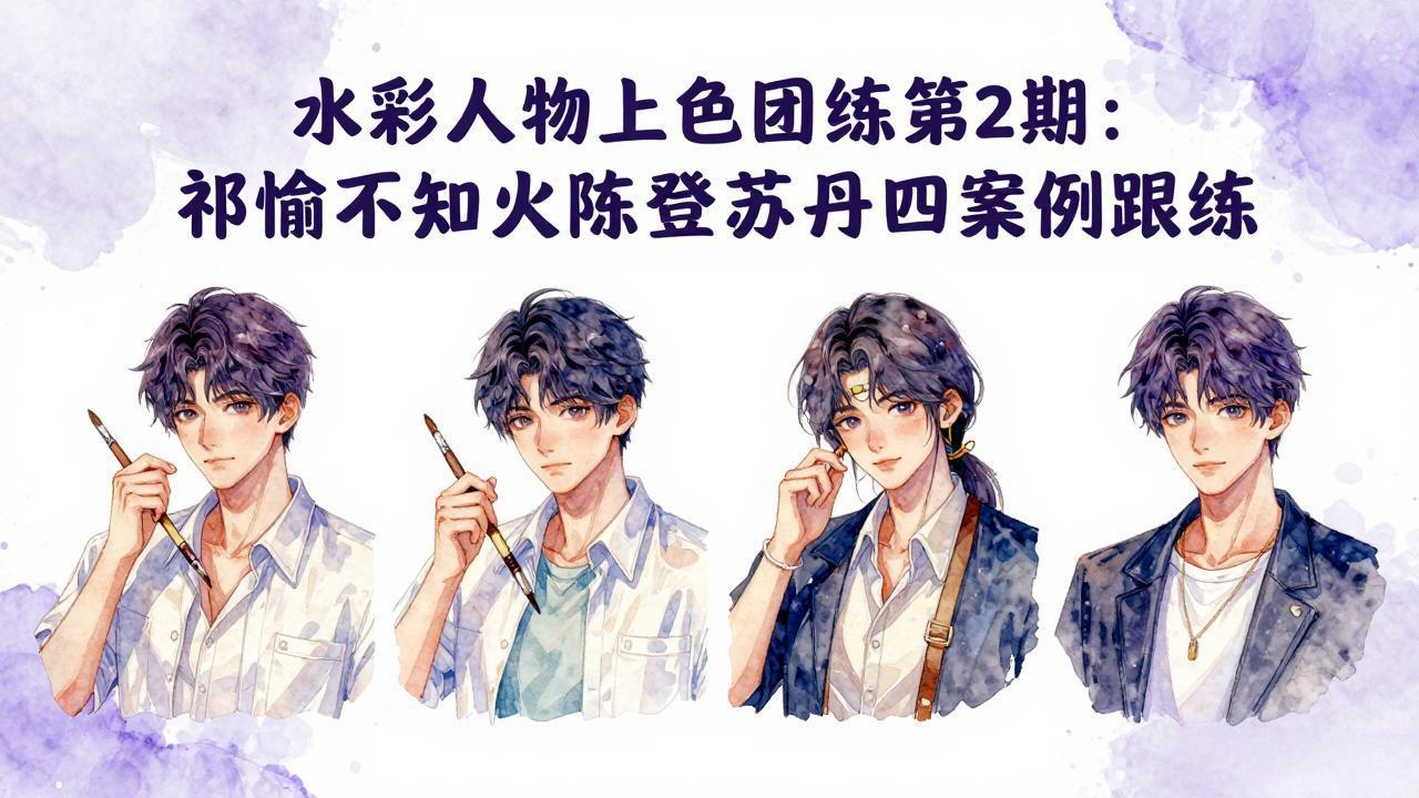 水彩人物上色团练第2期:祁煜不知火陈登苏丹四案例跟练,手把手提升绘画能力|网创挖金社