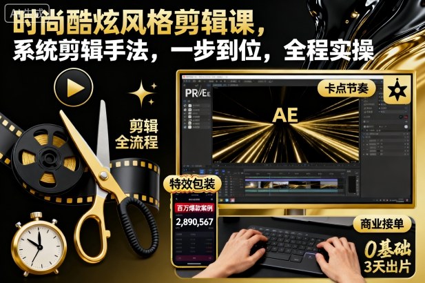 时尚酷炫风格剪辑课，系统剪辑手法，一步到位，全程实操|网创挖金社