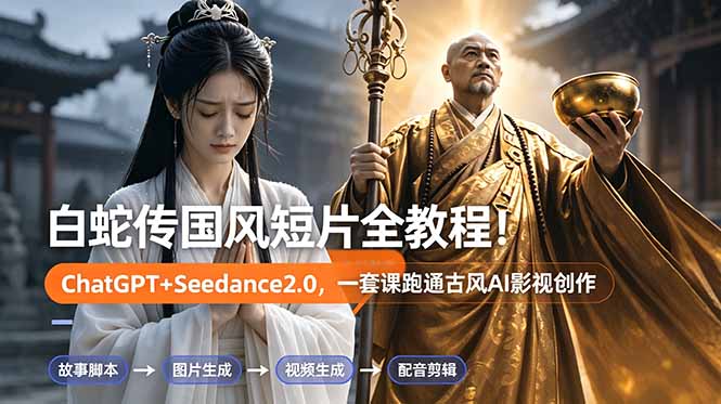 白蛇传-国风短片全教程！ChatGPT+Seedance2.0，一套课跑通古风AI影视创作|网创挖金社