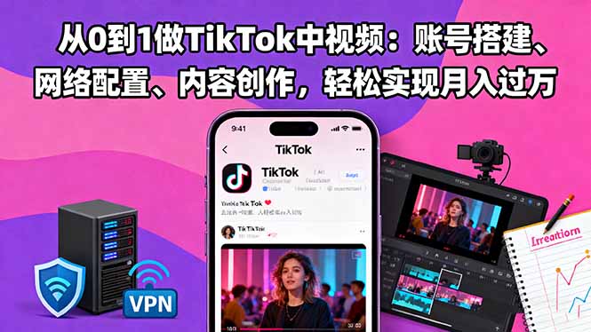 从0到1做TikTok中视频：账号搭建、网络配置、内容创作，轻松实现月入过万|网创挖金社