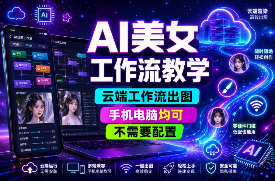 AI美女工作流教学，云端工作流出图，手机电脑均可，不需要配置，快速起号涨粉|网创挖金社