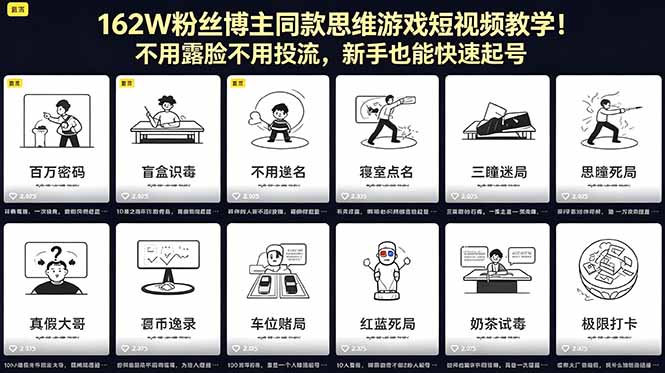 162W粉丝博主同款思维游戏短视频教学！不用露脸不用投流，新手也能快速起号|网创挖金社