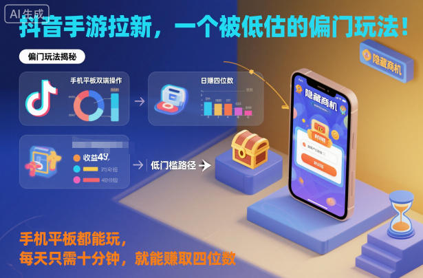 抖音手游拉新，一个被低估的偏门玩法！手机平板都能玩，每天只需十分钟，就能賺取四位数【揭秘】|网创挖金社