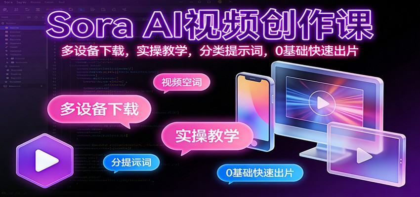 Sora AI视频创作课：多设备下载，实操教学，分类提示词，0基础快速出片|网创挖金社