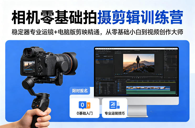 相机零基础拍摄剪辑训练营：稳定器专业运镜+电脑版剪映精通，从零基础小白到视频创作大师|网创挖金社