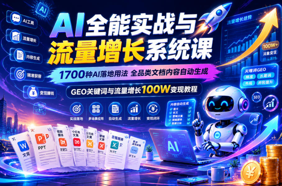AI全能实战与流量增长系统课，1700种AI落地用法，全品类文档内容自动生成，GEO关键词与流量增长100W变现教程|网创挖金社