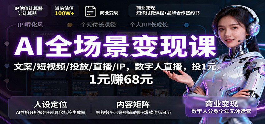AI全场景变现课：文案/短视频/投放/直播/IP，数字人直播，投1元赚68元|网创挖金社