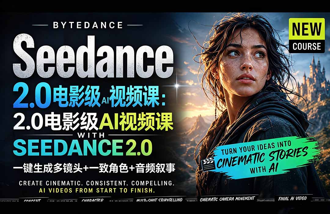 Seedance 2.0电影级AI视频课:一键生成多镜头+一致角色+音频叙事|网创挖金社