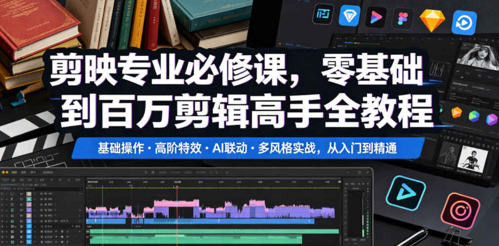 剪映专业必修课,零基础到百万剪辑高手全教程,基础操作・高阶特效・AI联动・多风格实战,从入门到精通|网创挖金社