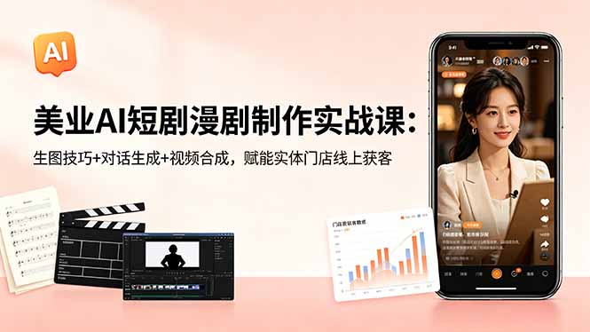 美业AI短剧漫剧制作实战课：生图技巧+对话生成+视频合成，赋能实体门店线上获客|网创挖金社