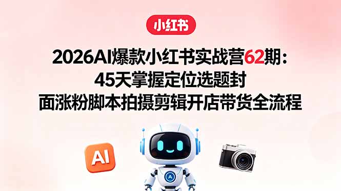 2026AI爆款小红书实战营62期：45天掌握定位选题封面涨粉脚本拍摄剪辑开店带货全流程|网创挖金社