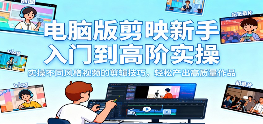 电脑版剪映新手入门到高阶实操，实操不同风格视频的剪辑技巧，轻松产出高质量作品|网创挖金社