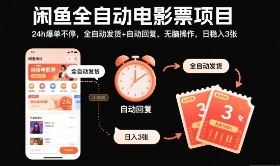 闲鱼全自动电影票项目，24h爆单不停，全自动发货+自动回复，无脑操作，日稳入3张【揭秘】|网创挖金社