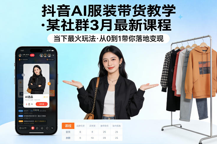 抖音AI服装带货教学，某社群3月最新课程，当下最火玩法，从0到1带你落地变现|网创挖金社