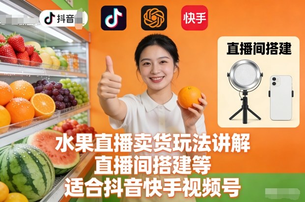 水果直播卖货玩法讲解、直播间搭建等，适合抖音快手视频号|网创挖金社