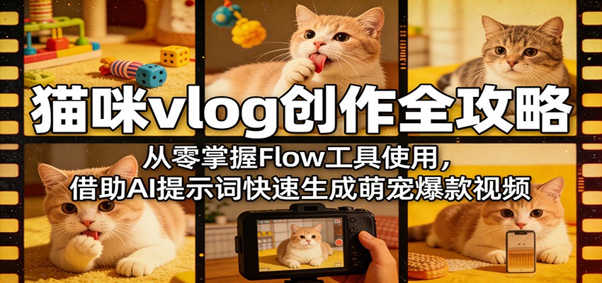 猫咪vlog创作全攻略：从零掌握Flow工具使用，借助AI提示词快速生成萌宠爆款视频|网创挖金社