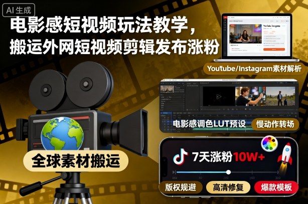 电影感短视频玩法教学，搬运外网短视频剪辑发布涨粉|网创挖金社