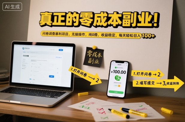 真正的零成本副业！问卷调查暴利项目，无脑操作，纯0撸，收益稳定，每天轻松日入100+【揭秘】|网创挖金社