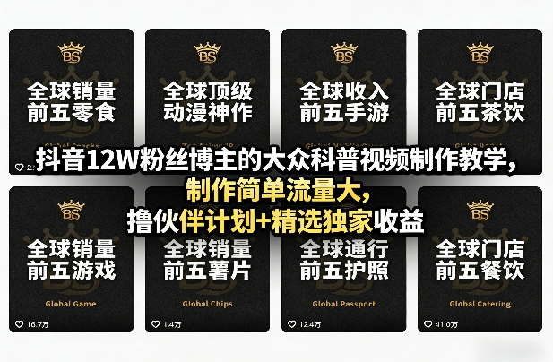 抖音12W粉丝博主的大众科普视频制作教学，制作简单流量大，撸伙伴计划+精选独家收益|网创挖金社