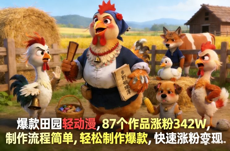 爆款田园轻动漫，87个作品涨粉342W，制作流程简单，轻松制作爆款，快速涨粉变现|网创挖金社