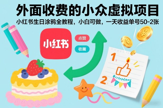 外面收费的小众虚拟项目，小红书生日涂鸦全教程，小白可做，一天收益单号50-2张|网创挖金社