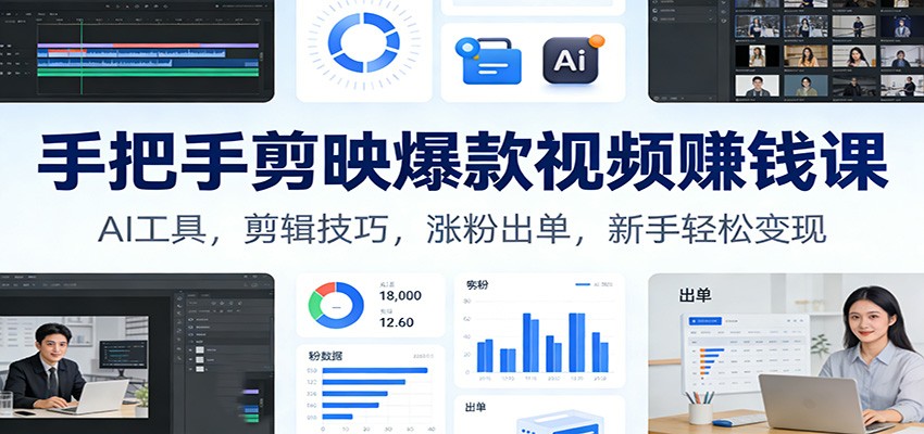 手把手剪映爆款视频赚钱课：AI工具，剪辑技巧，涨粉出单，新手轻松变现|网创挖金社