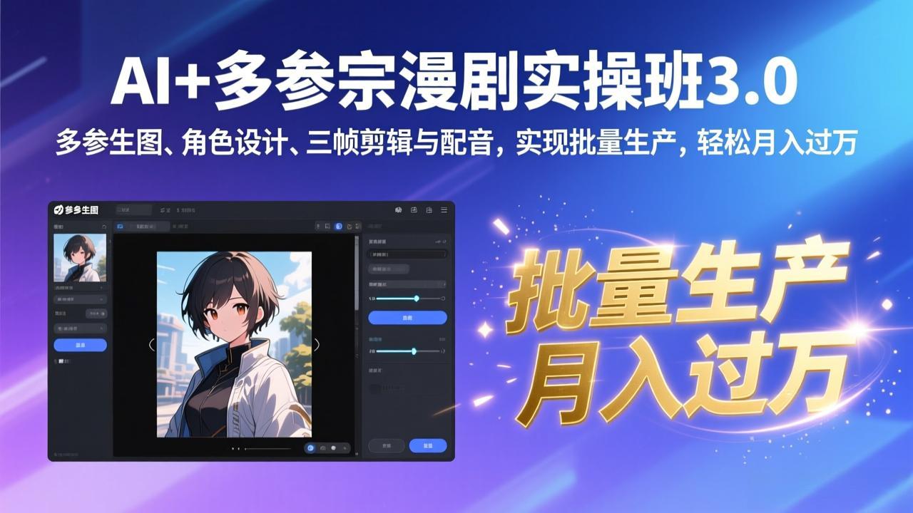 AI+多参宗漫剧实操班3.0：多参生图、角色设计、三帧剪辑与配音，实现批量生产，轻松月入过万|网创挖金社