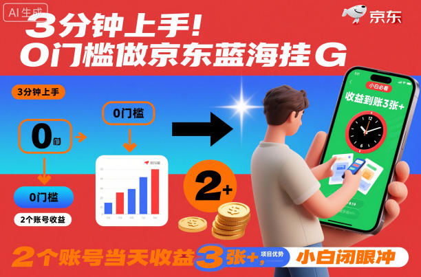 3分钟上手!0门槛做京东蓝海全自动掘金,2个账号当天收益3张+,小白闭眼冲【揭秘】|网创挖金社