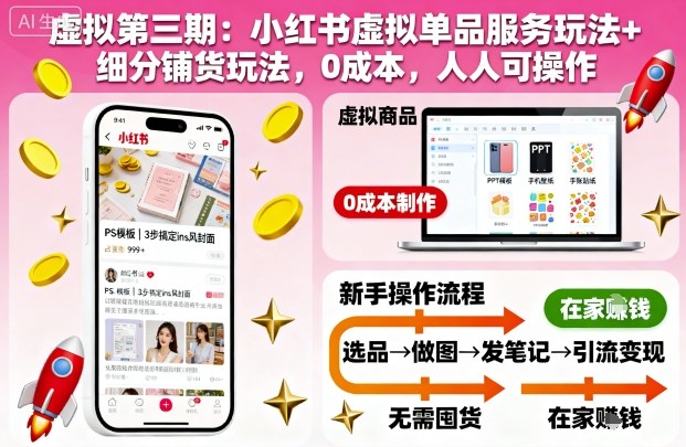 虚拟第三期：小红书虚拟单品服务玩法+细分铺货玩法，0成本，人人可操作(更新)|网创挖金社