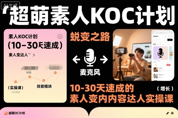 超萌素人KOC计划,10-30天速成的素人变内容达人实操课,适合想做短剧小说推文电商推广的素人入局|网创挖金社