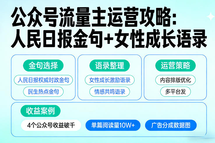 利用人民日报金句+女性成长语录做公众号流量主，4个公众号收益破千|网创挖金社