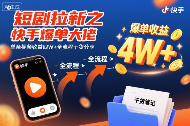 短剧拉新之快手爆单大佬单条视频收益四W+全流程干货分享
