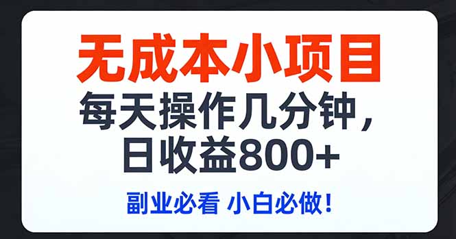 无成本小项目,每天操作几分钟,日收益800+ 副业必看 小白必做！|网创挖金社