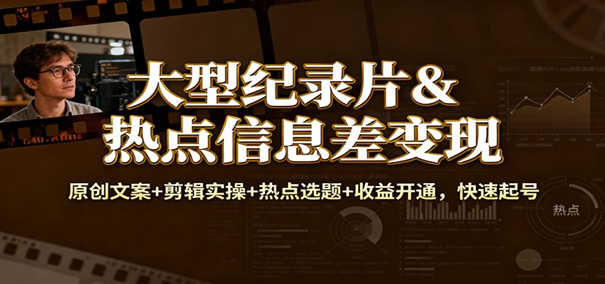 大型纪录片&热点信息差变现：原创文案+剪辑实操+热点选题+收益开通，快速起号|网创挖金社