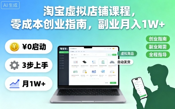 淘宝虚拟店铺课程，零成本创业指南，副业月入1W+|网创挖金社