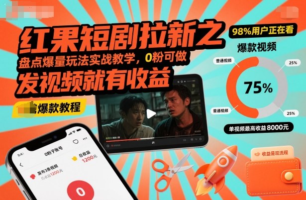 红果短剧拉新之盘点爆量玩法实战教学，0粉可做，发视频就有收益|网创挖金社