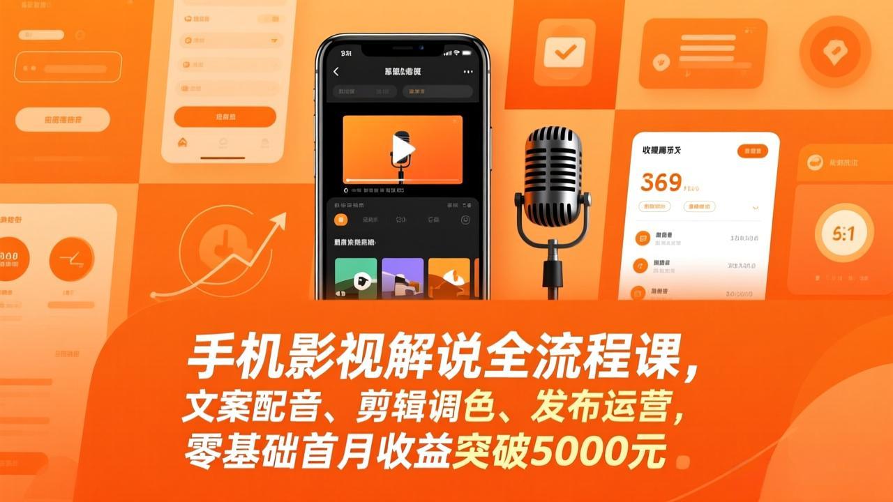 手机影视解说全流程课，文案配音、剪辑调色、发布运营，零基础首月收益突破5000元|网创挖金社