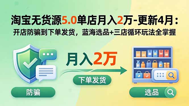 淘宝无货源5.0单店月入2万-更新5月：开店防骗到下单发货，蓝海选品+三店循环玩法全掌握|网创挖金社