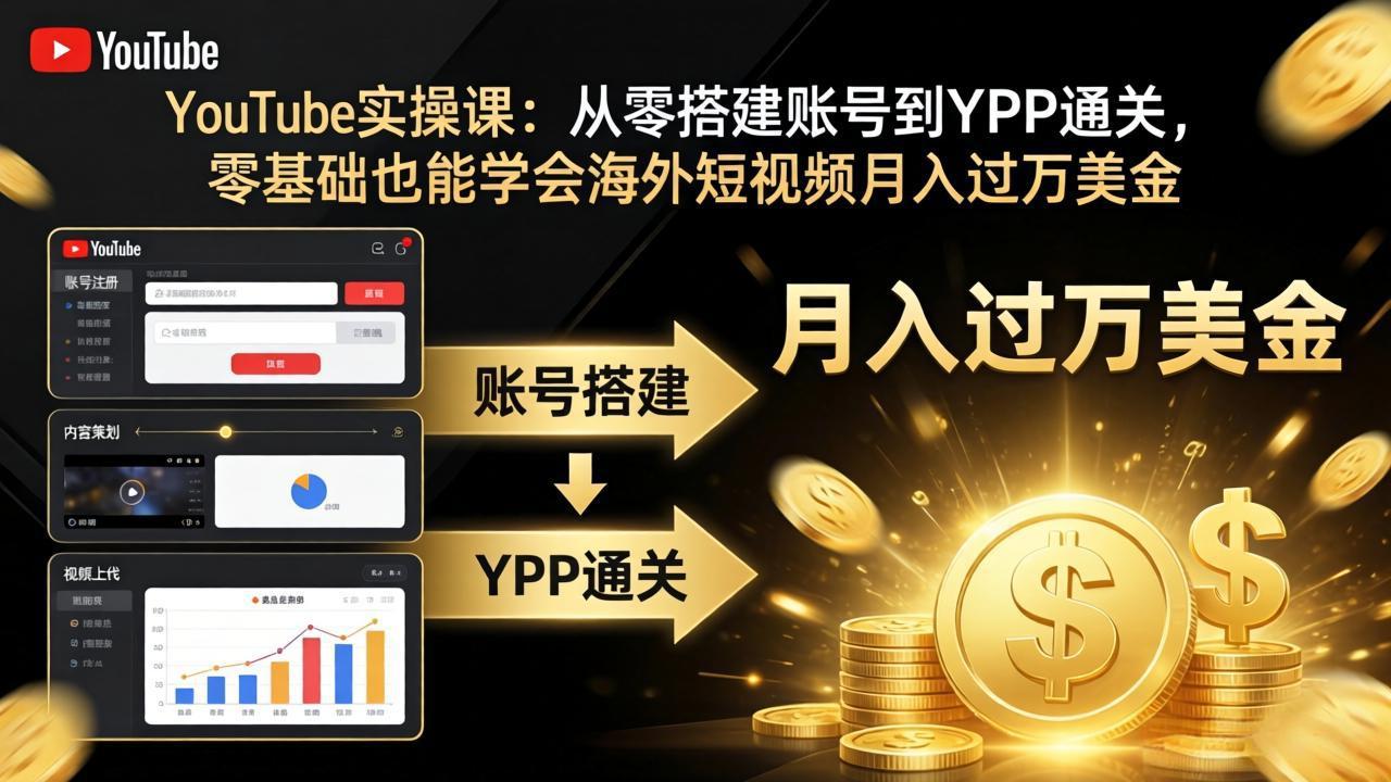 YouTube实操课：从零搭建账号到YPP通关，零基础也能学会海外短视频月入过万美金|网创挖金社