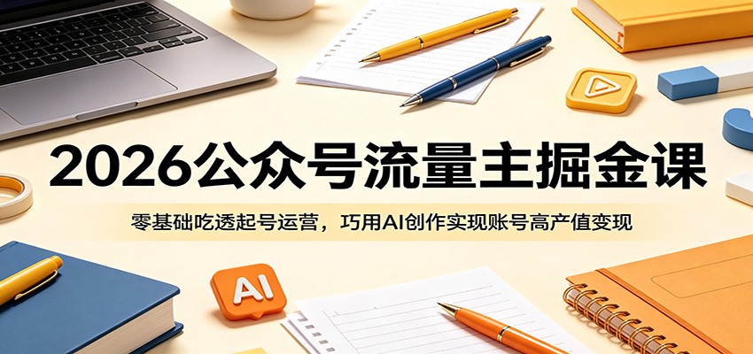 2026公众号流量主掘金课：零基础吃透起号运营，巧用AI创作实现账号高产值变现|网创挖金社