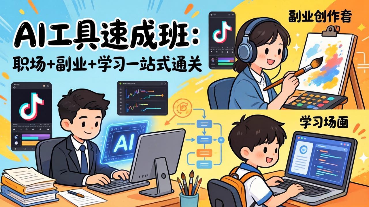AI工具速成班：职场+副业+学习一站式通关，20+爆款类型+剪映技巧+抖音算法，0基础快速上手|网创挖金社