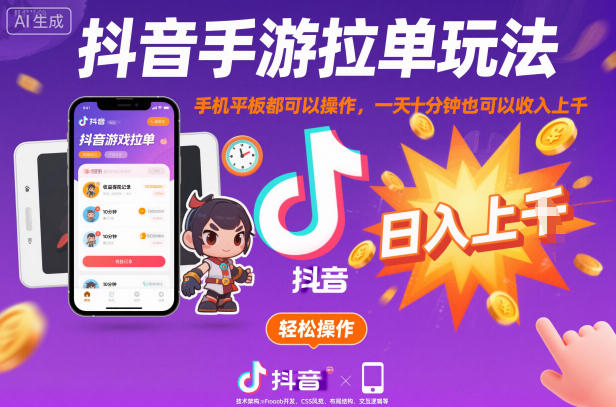 抖音手游拉单玩法,手机平板都可以操作,一天十分钟也可以收入上K【揭秘】|网创挖金社